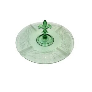 Vintage Green Depression Glass Tidbit Tray Etched Floral Fleur-de-lis Handle